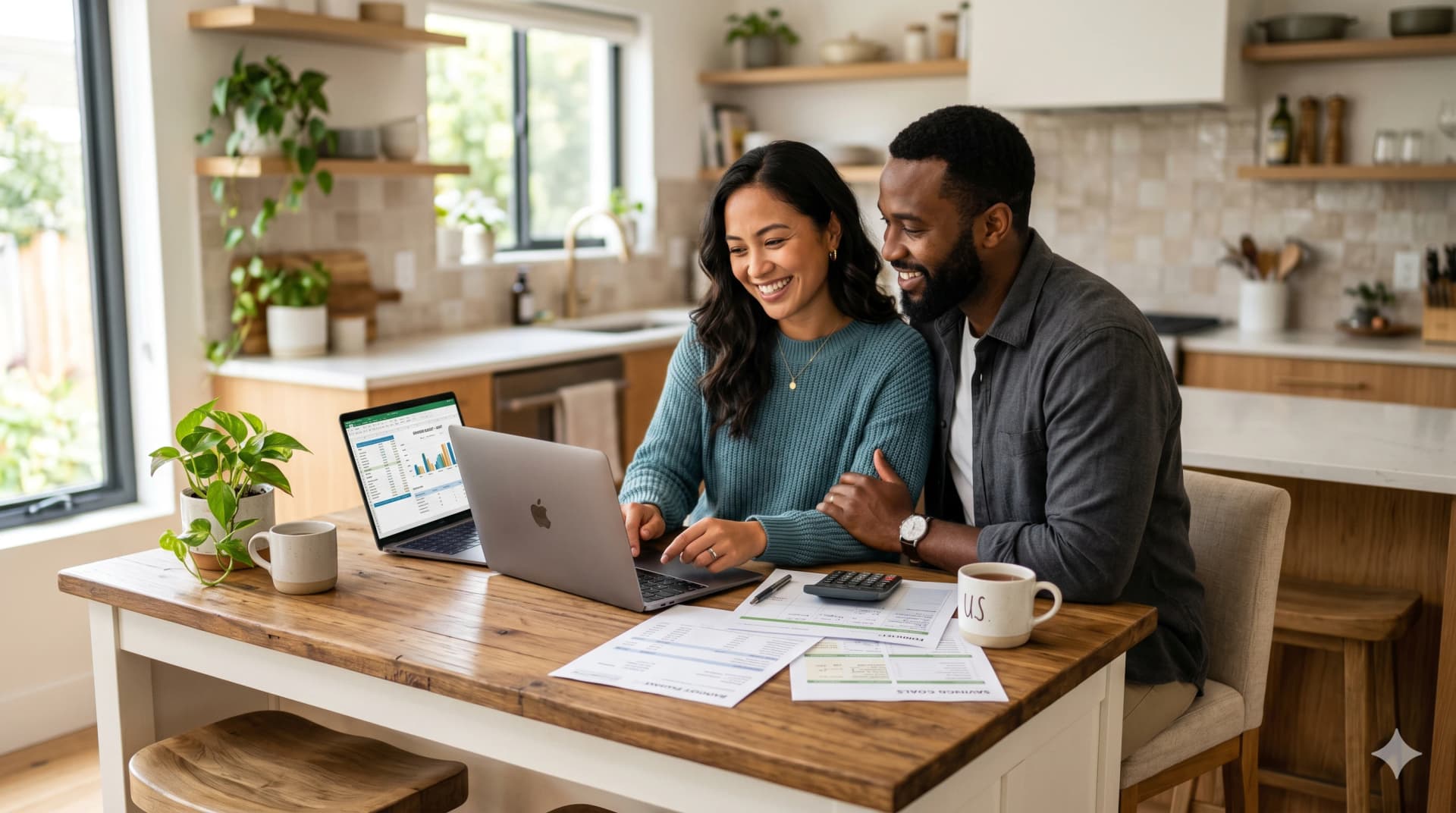 A modern couple sitting together at a kitchen island, collaborating on their joint finances and long-term goals.