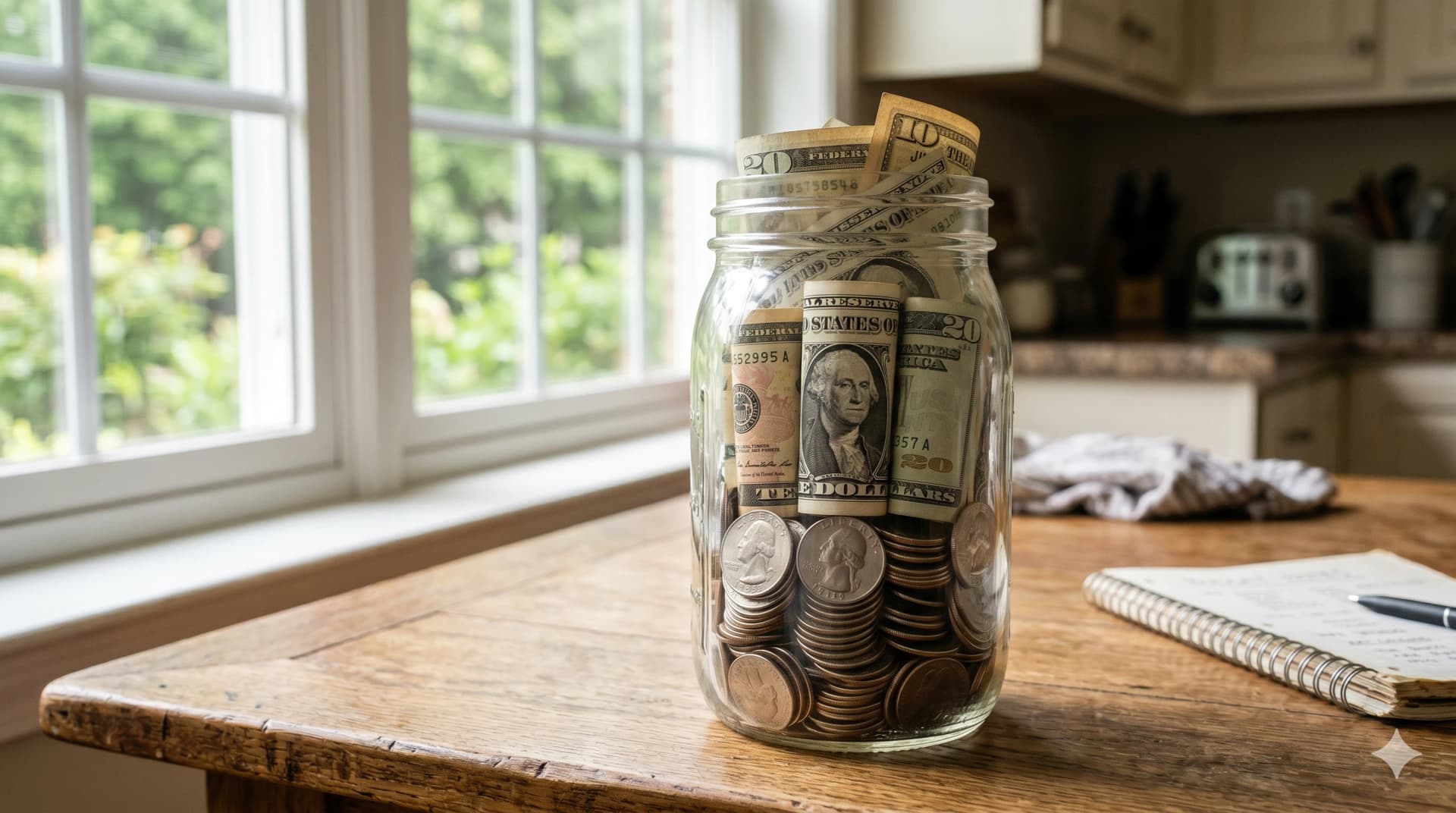 A glass jar filled with coins and dollar bills on a wooden table, representing a beginner's emergency fund savings goal.