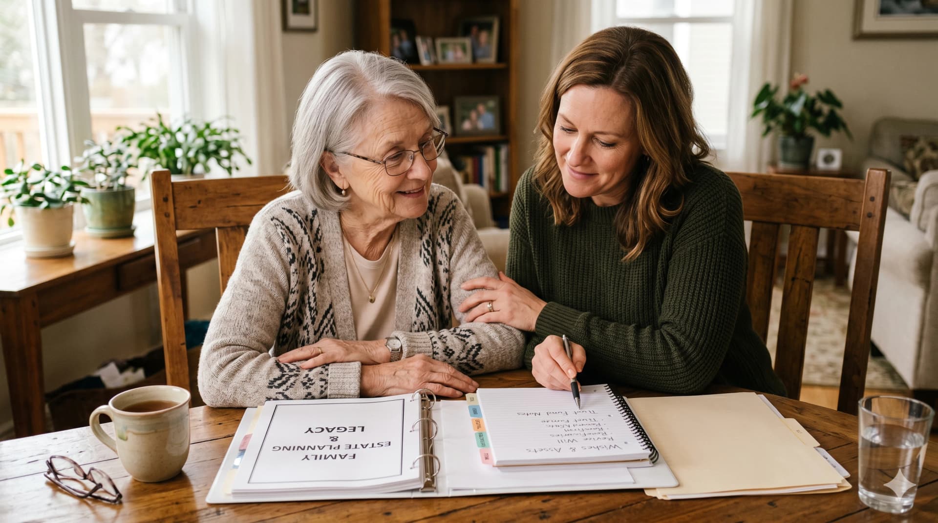 Adult child having a supportive conversation with an aging parent about legacy planning