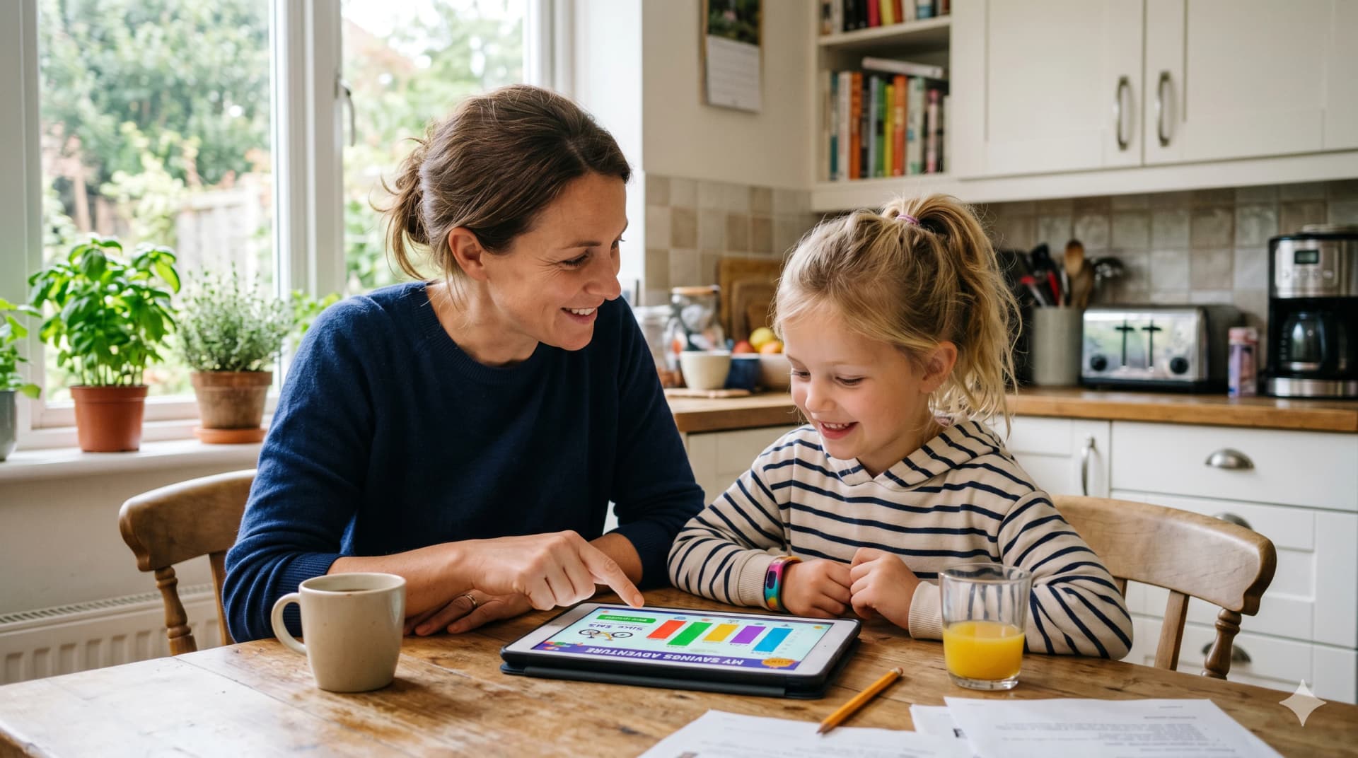 A parent and child reviewing a savings app together on a tablet, illustrating modern financial education for kids.