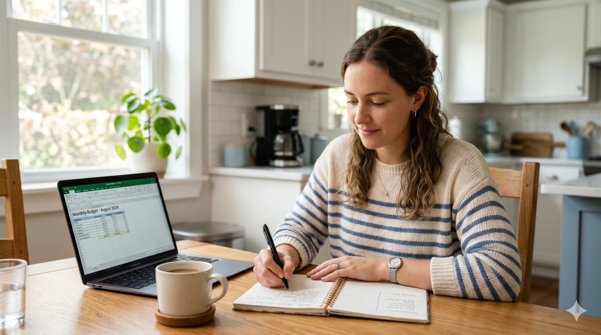 A person reviewing a monthly spending journal on a laptop at a kitchen table, representing a 30-day money challenge.