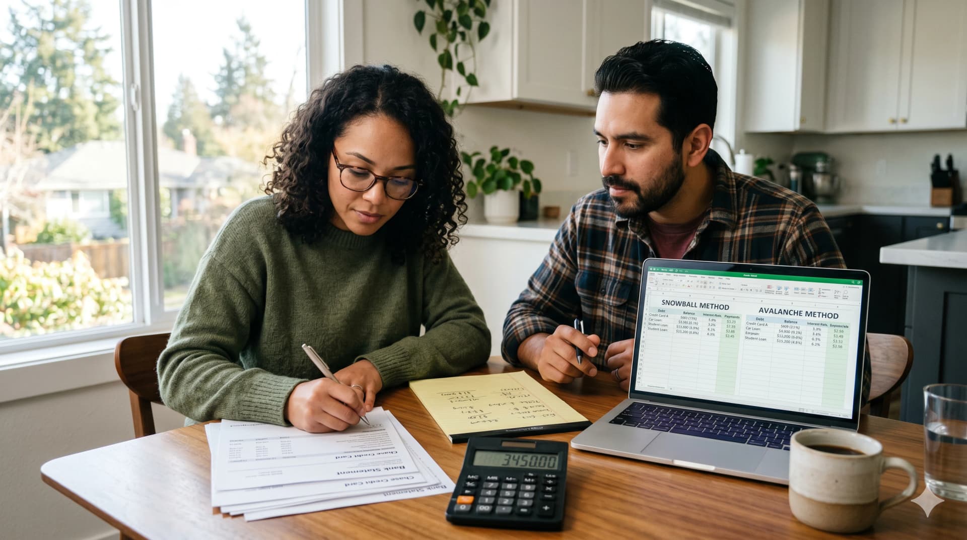 A person comparing debt payoff notes and monthly balances at a kitchen table while planning a snowball or avalanche repayment strategy.