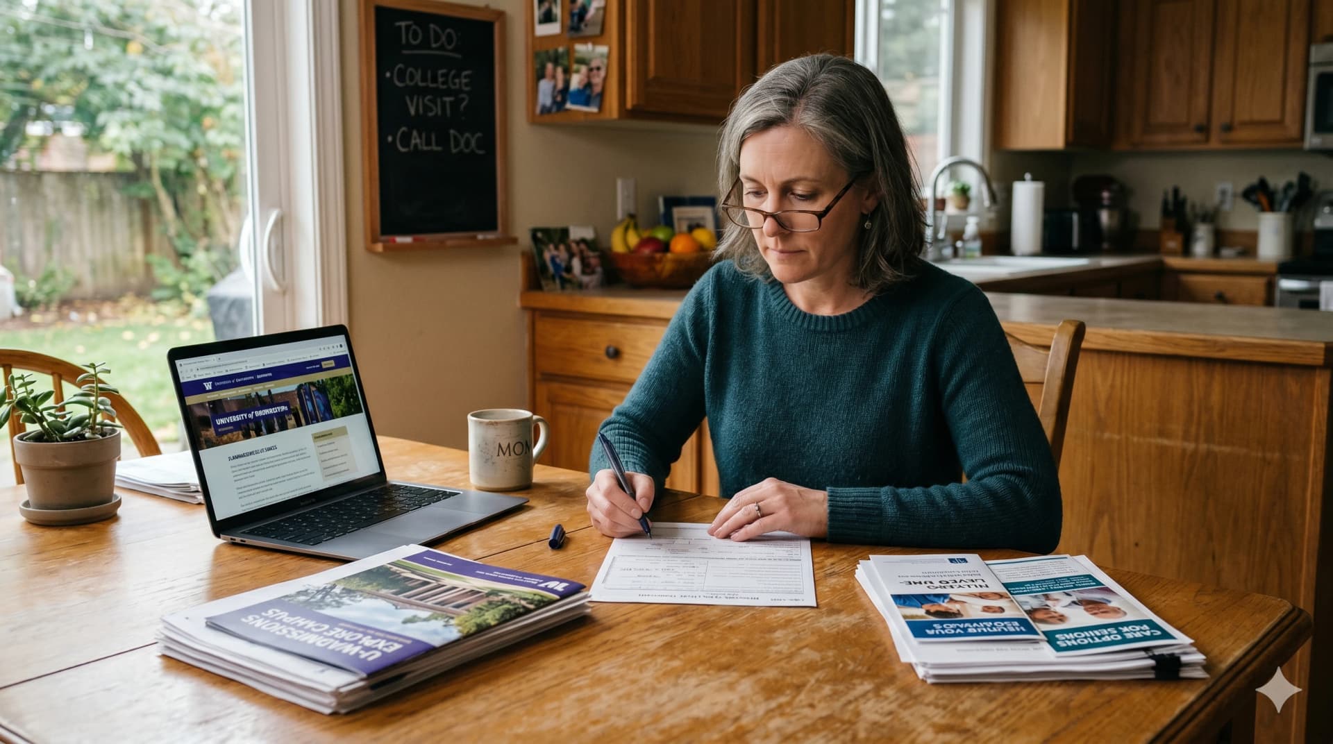 Middle-aged adult at a kitchen table reviewing finances with both a college brochure and eldercare paperwork visible